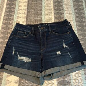 Distressed denim mid rise shorts